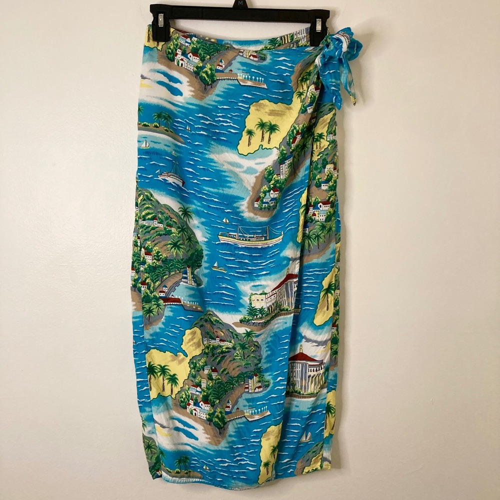 Vtg 90s Lizsport Tropical Island Print Wrap Tie Midi Skirt Beach Vacation Blue S
